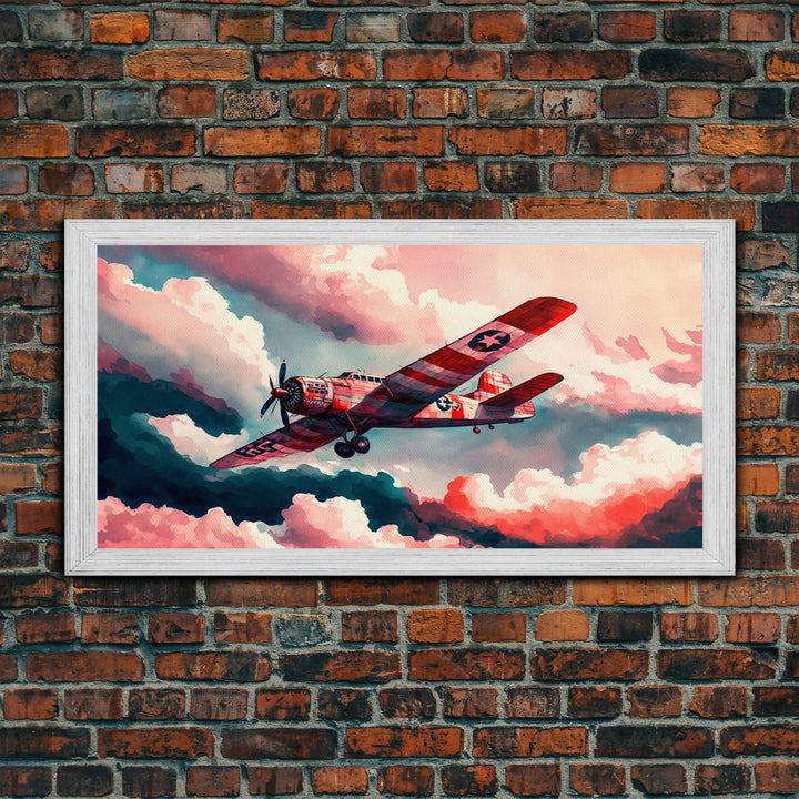 1930s Airplane in Flight, Watercolor, Framed Canvas Print, Home Decor For Pilots, Gift for Airplane Enthusiasts