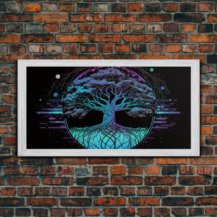 Norse Mythology Art, Synthwave Style Yggdrasil Tree of Life and the 9 Realms, Fantasy Art, Framed Canvas Print, Game Room Nordic Art