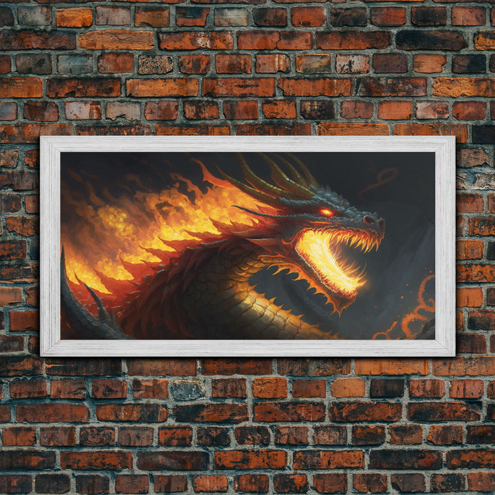 Fire Breathing Horned Dragon, Framed Canvas Print, Colorful Fantasy Wall Art, Videogame Concept Decor