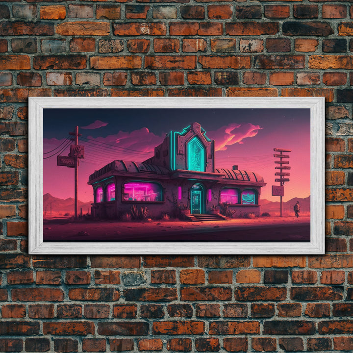 Art Deco Cyberpunk Diner, Wild West Mashup Art, Framed Canvas Print, Neon Art, Wild West Concept Art