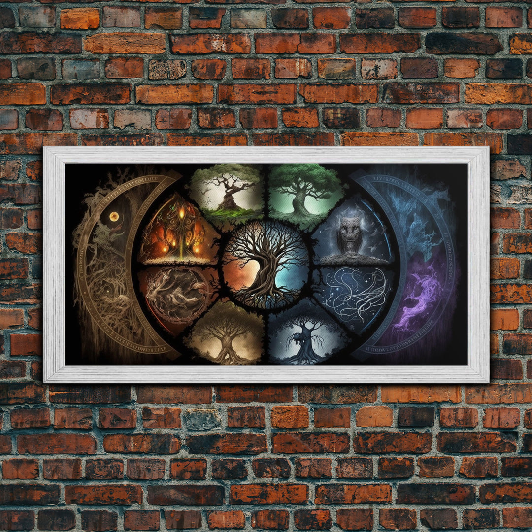 The Interconnected 9 Realms of Norse Mythology with Yggdrasil, Nordic Art, Framed Canvas Print, Nine Realms, Viking Art