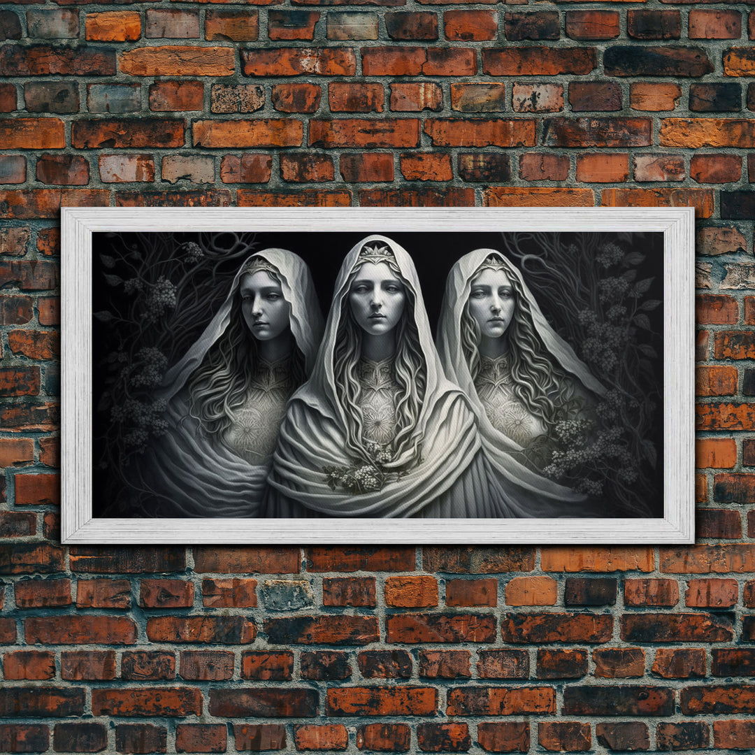 The Norns, Norse Mythology, Weavers of Fate, Framed Canvas Print,  Urðr, Verðandi, and Skuld, Black and White Norse Fantasy Art