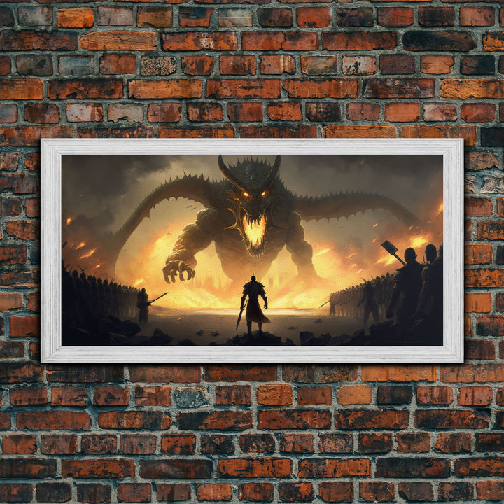 Warrior Facing Down a Dragon, Framed Canvas Print, Unique Fantasy Wall Art, In The Time of Dragons