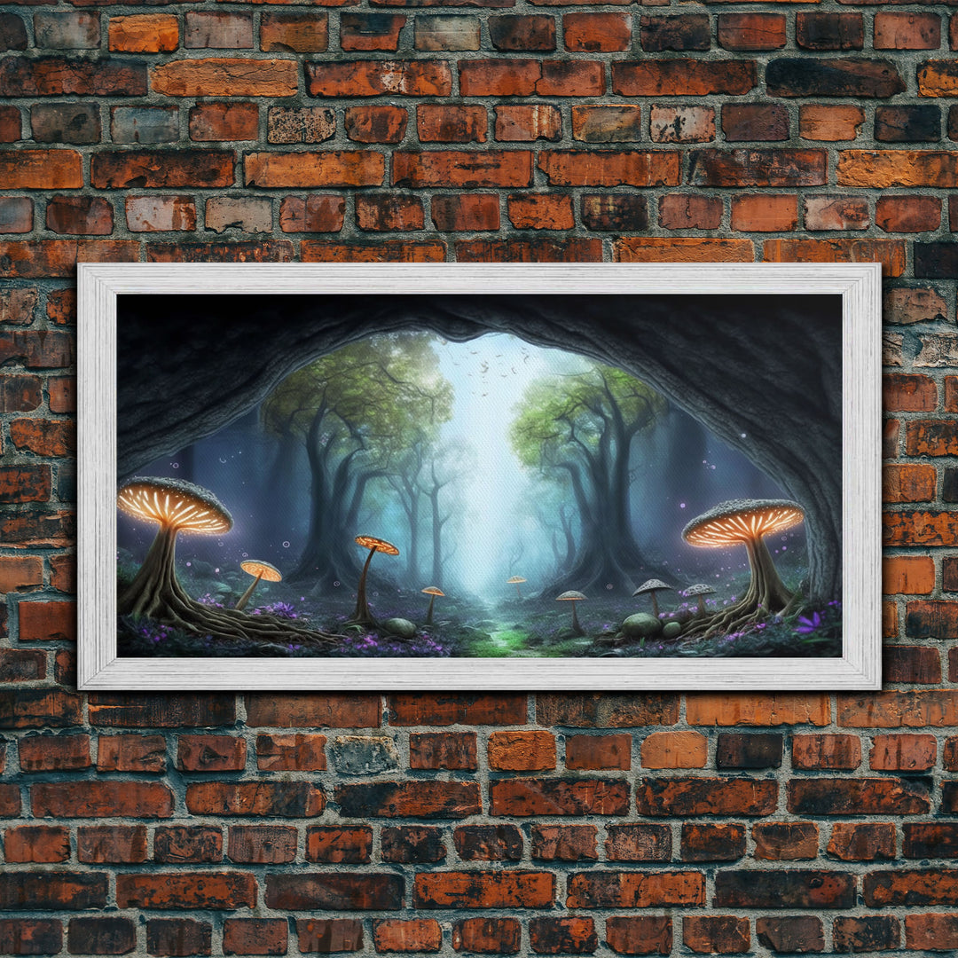 Magical Enchanted Mushroom Forest, Fantasy Art, Framed Canvas Print, Bioluminescent Butterflies in an Enchanted Forest, Glowing Art