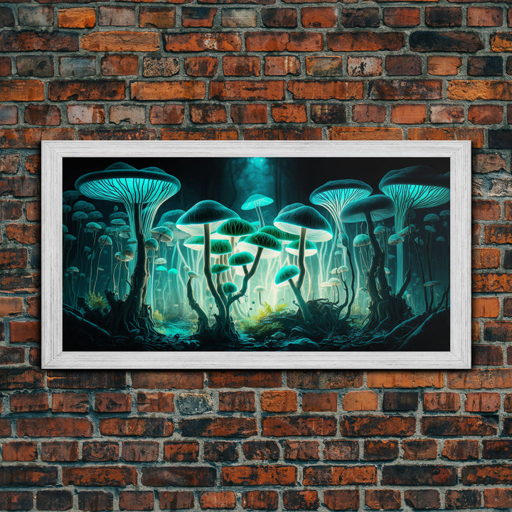 The Forest Floor, Framed Canvas Print, Glowing Mushrooms, Bioluminescent Mushroom Art, Color fantasy wall art