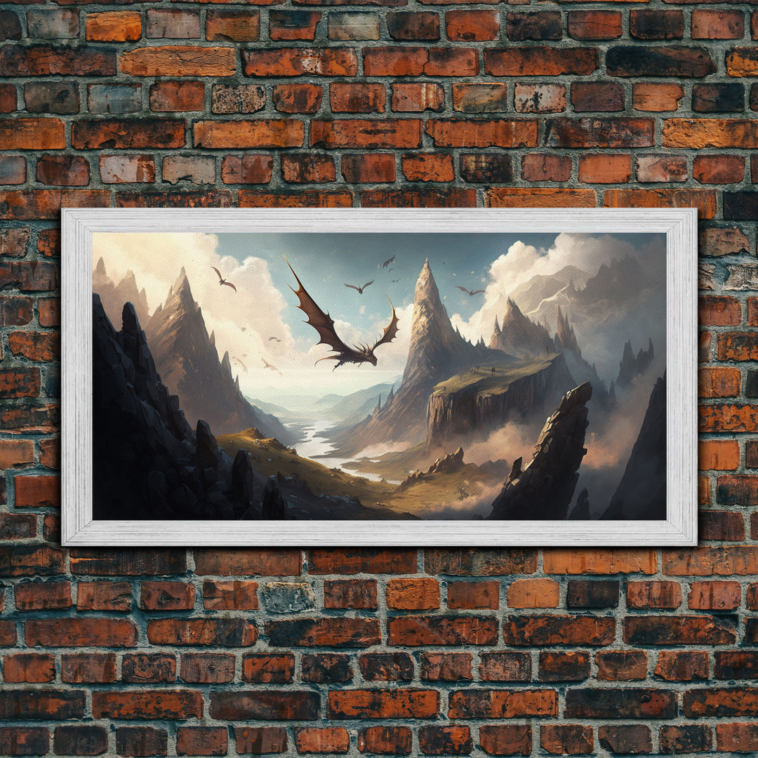 Dragons in Flight Over a Valley, Fantasy Art, Framed Canvas Print, Medieval Fantasy Art, Fire breathing dragons