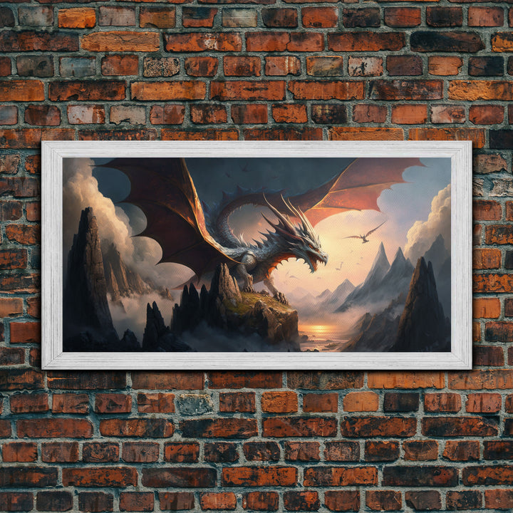 White Dragon on a Mountain Top,  Fantasy Art, Framed Canvas Print, Medieval Fantasy Art, Fire breathing dragons