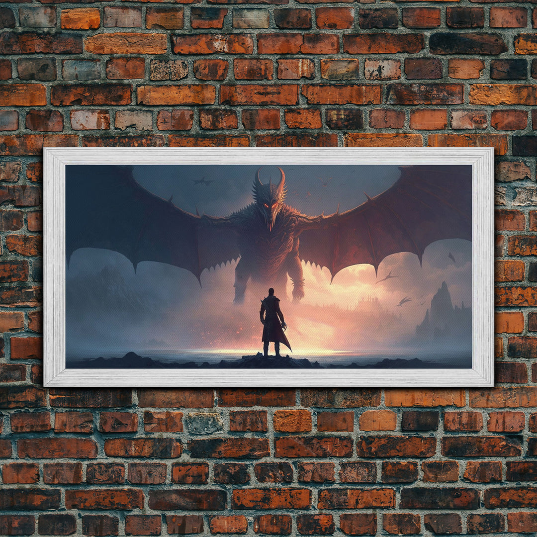 Warrior Facing Down a Dragon, Framed Canvas Print, Unique Fantasy Wall Art, In The Time of Dragons