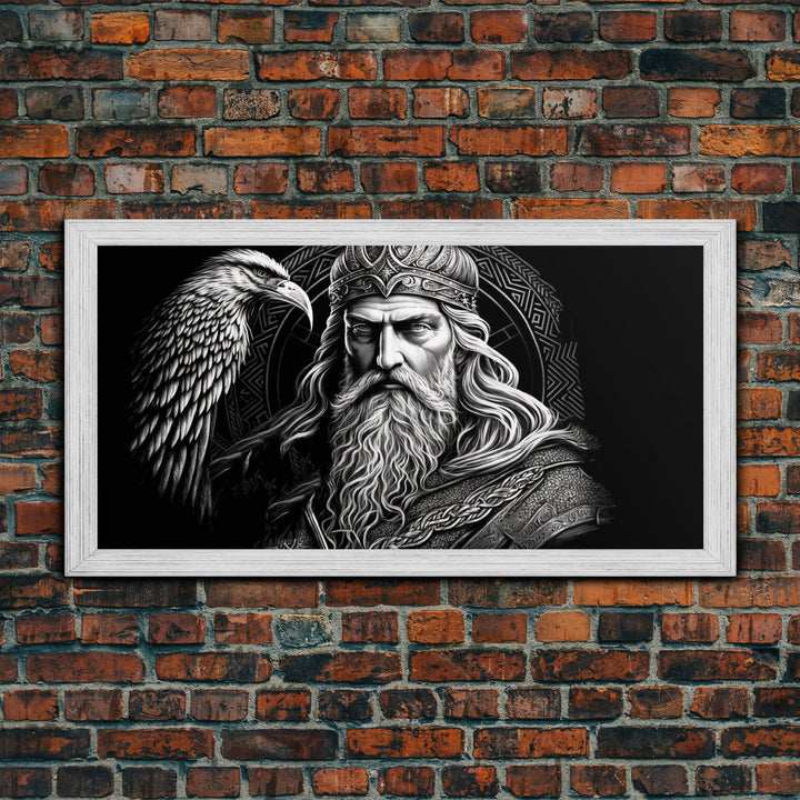 Black and White Portrait of Odin and Muninn, King of The Gods, Framed Canvas Print, Odin's Ravens, Norse Mythology Art