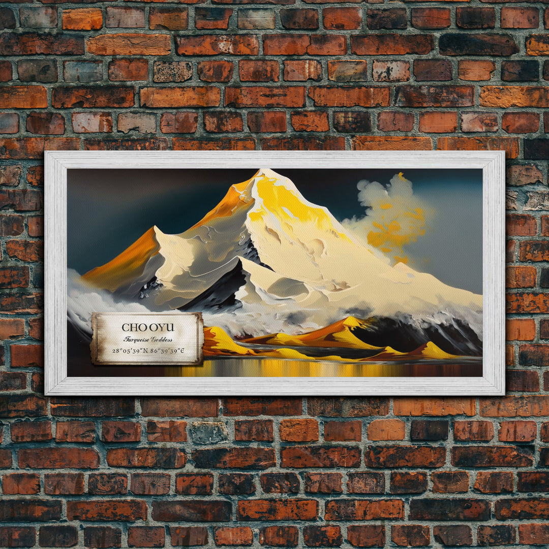 Cho Oyu, The Turquoise Goddess, Travel Poster, Framed Canvas Print, Mountain Landscape Painting, Original Painting Print