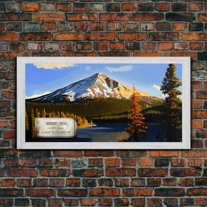 Summit Peak, Travel Poster Wall Art, Framed Canvas Print, American Mountains, Mountain Landscape Painting, Mountains of Colorado