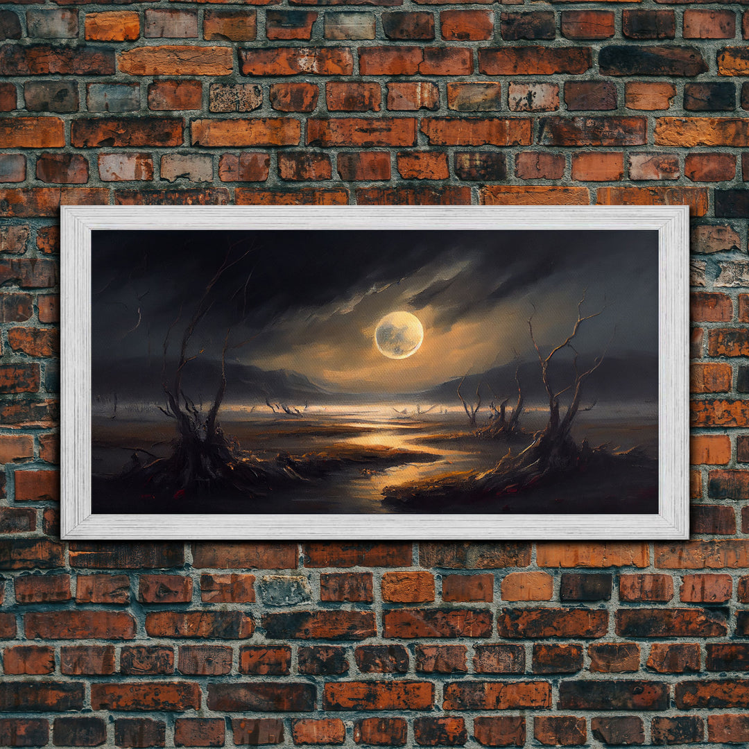 Midnight In The Swamp, Framed Canvas Print, Fantasy Art Canvas, Wall Art, Game Room Art, Full moon