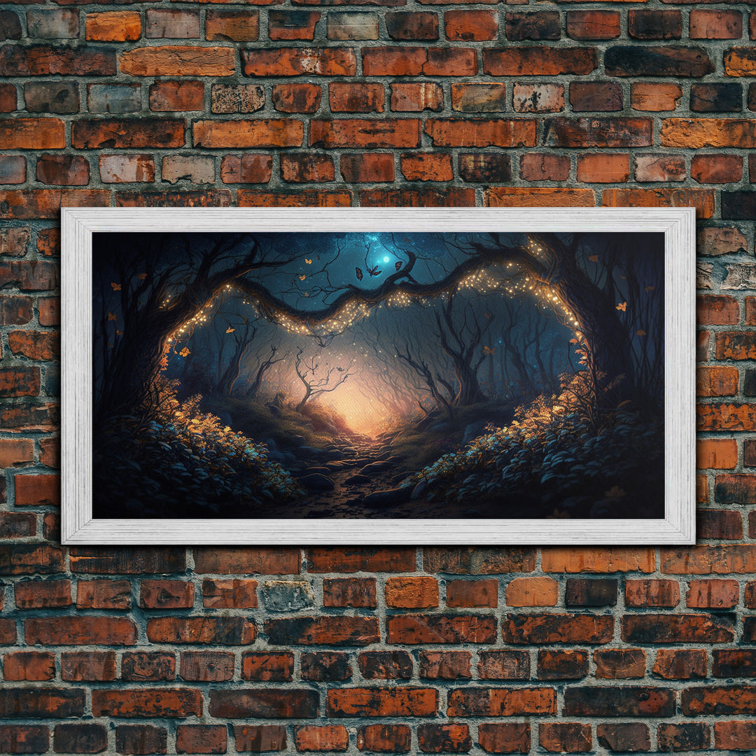 Wreath of Fireflies, Beautiful Fantasy Art, Framed Canvas Print, Moonlit Forest Floor Fantasy Concept Art