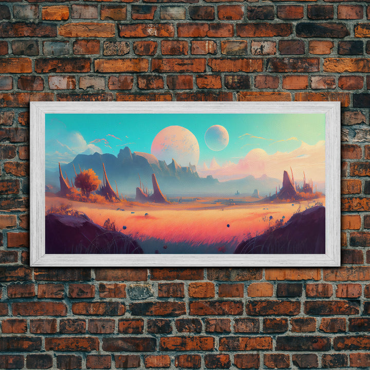 Scifi Landscape Wall Art, Framed Canvas Print, Canvas Art, Two Moon Scifi Planet Watercolor Painting