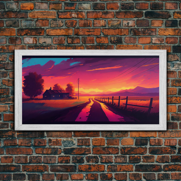 Synthwave Style Farmhouse Art, Dirt Roads, Country Roads, Sunset Art, Framed Wall Art, Canvas Print, Watercolor Wall Art Original Painting