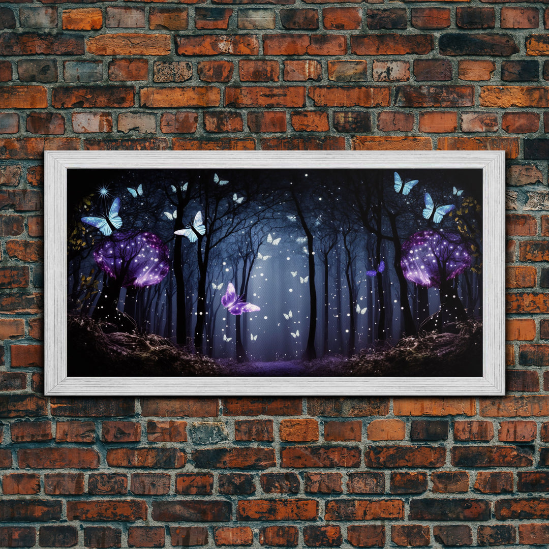 Glowing Butterflies, Framed Canvas Print, Fantasy Decor, High Fantasy Canvas Art, Fairy Forest