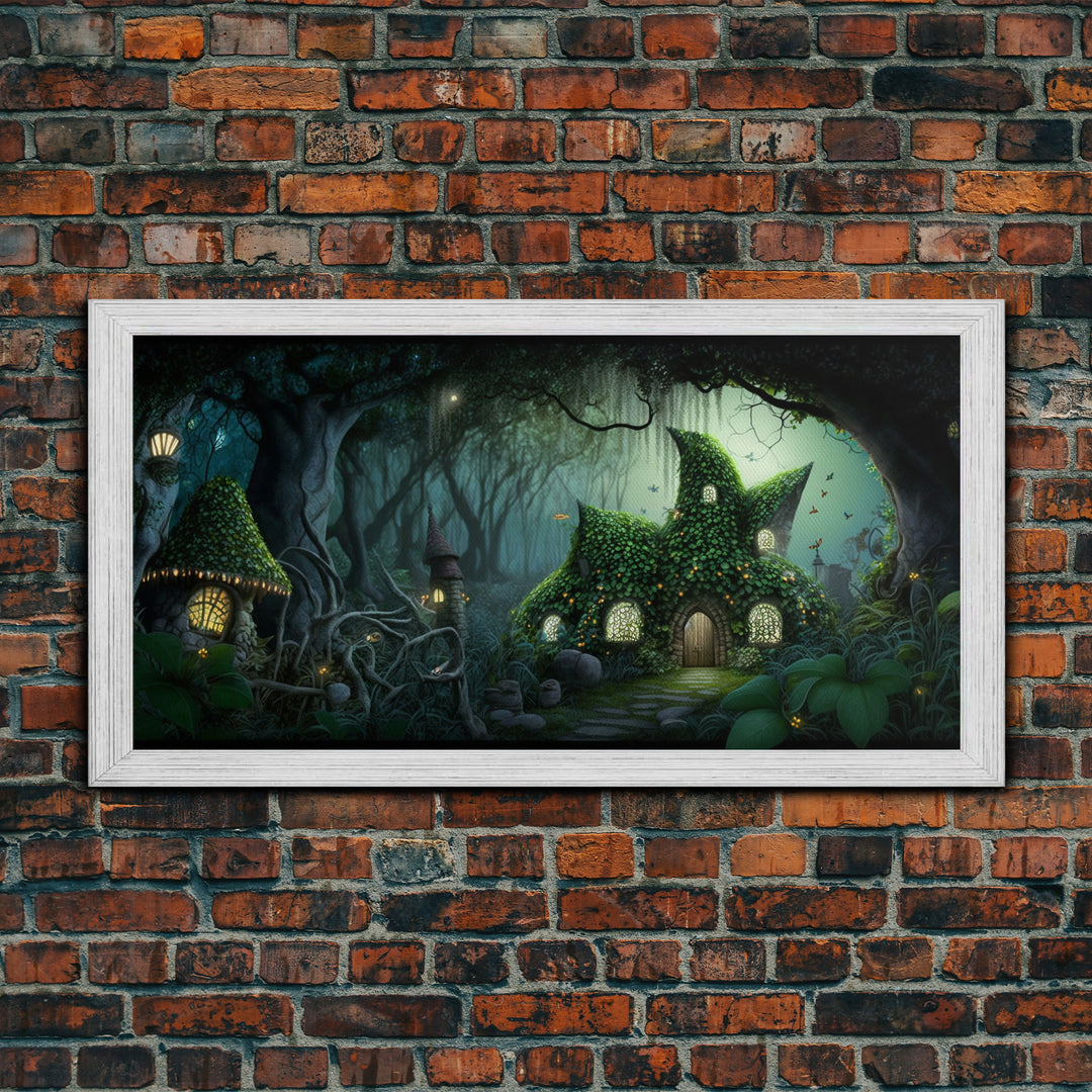 Gnome City, Wall Art, Fantasy Canvas Print, Framed Art, Tiny Gnome Houses On The Forest Floor