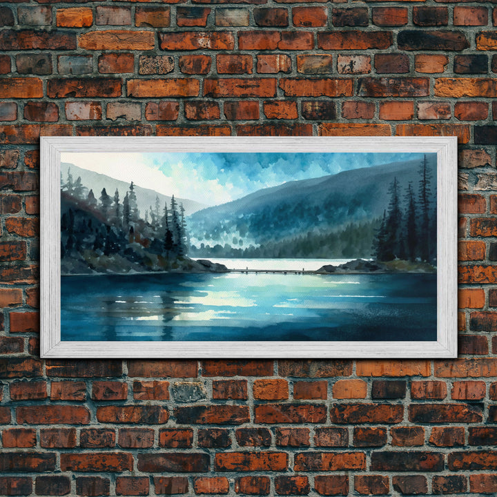 Mountain Lake, Watercolor Landscape Painting Canvas Print - Ready To Hang Large Gallery Wrapped Canvas Wall Art Prints With Floating Frames