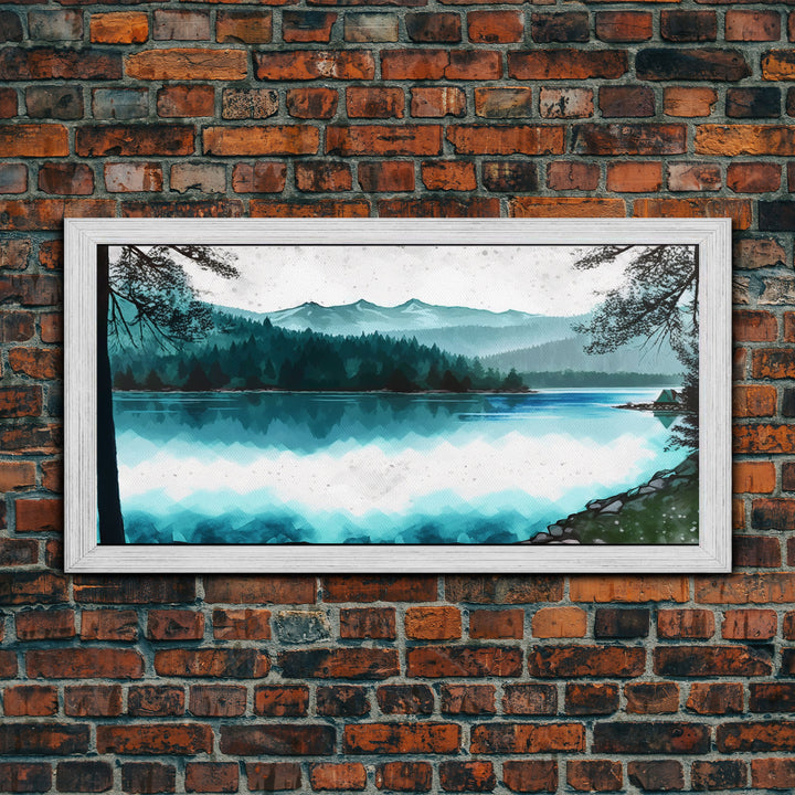 Mountain Lake, Watercolor Landscape Painting Canvas Print - Ready To Hang Large Gallery Wrapped Canvas Wall Art Prints With Floating Frames