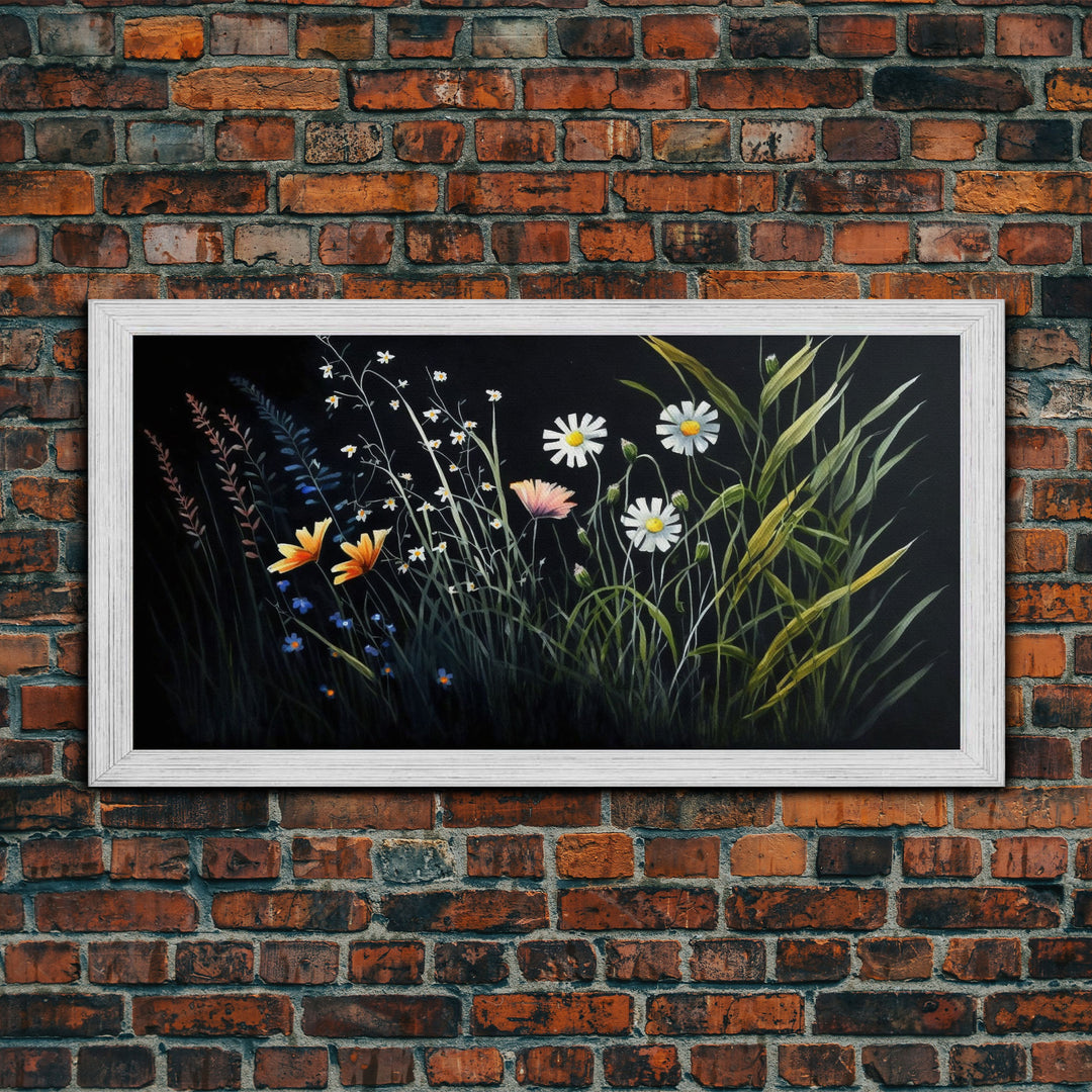 Meadow Flowers, Black Background, Framed Canvas Print, Floral Study Watercolor Painting