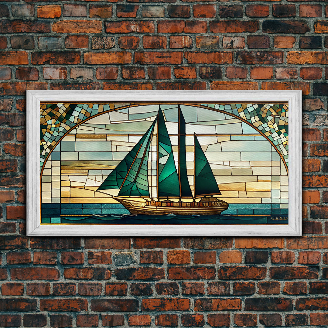 Emerald Green and Gold Art Deco Sail Boat, Framed Canvas Print, Retro MCM Style Wall Art, Midcentury Modern, Stained Glass, Huge Art