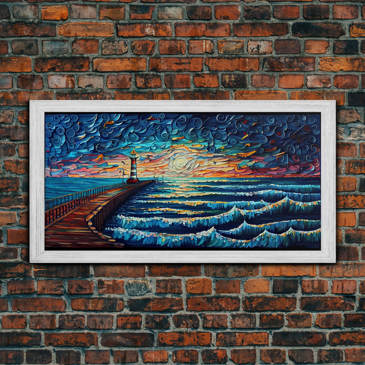 Starry Night Style Light House - Framed Canvas Print - Lighthouse and Beach Art - Lakehouse Art - Beach House - Living Room Decor