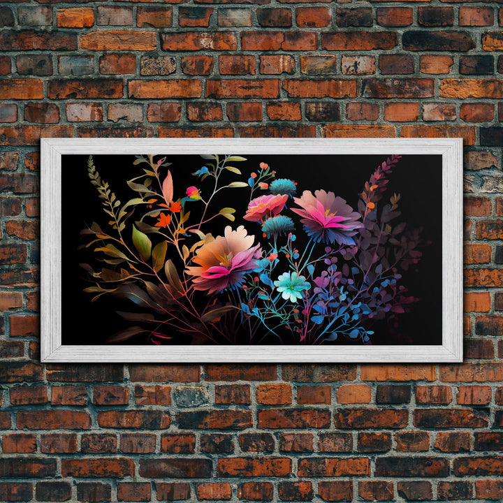 Wild Flower Art, Black Background, Framed Canvas Print, Canvas Art, Mother's Day, Watercolor Painting of Flowers on Canvas, Living Room Art