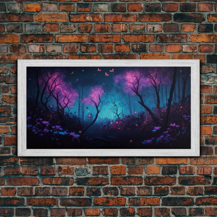 Beautiful forest canvas print Fantasy forest wall art Forest Painting, Framed Art, Glowing Butterflies