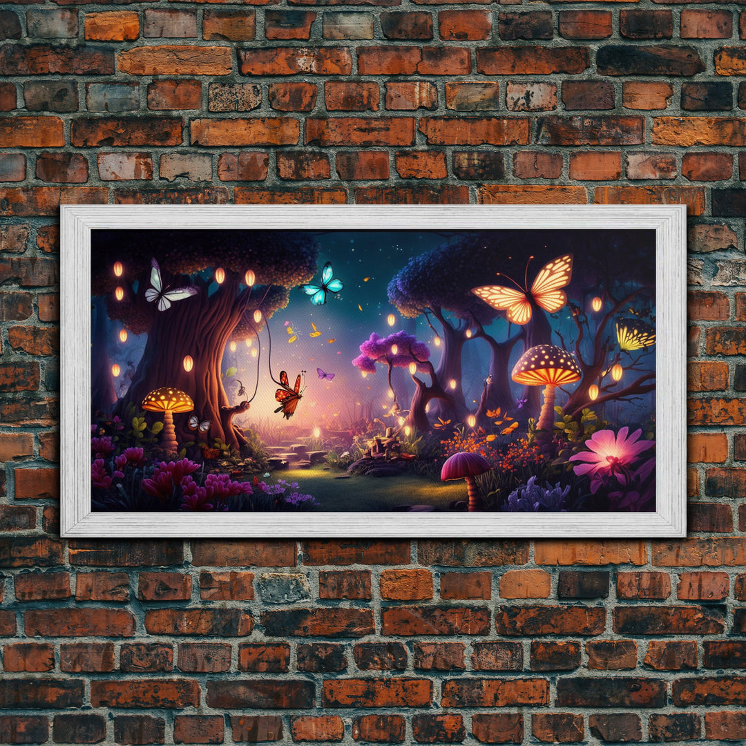 Vibrant Fantasy Forest Wall Art, The Forest Floor, Bioluminescent Glowing Butterflies, Gift, Framed Canvas Print