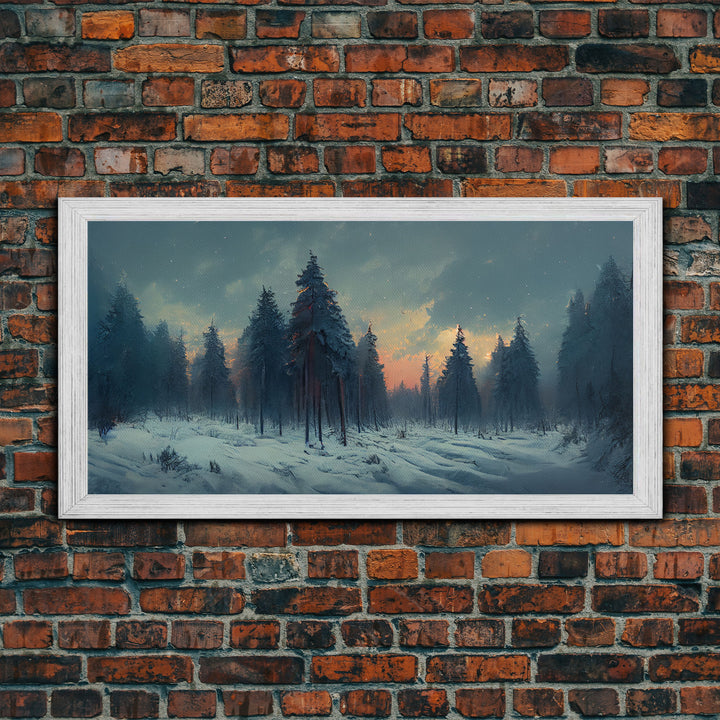 Snowy Forest, Dreamy Landscape Painting Canvas Print, country side, farmhouse decor, beautiful scenic wall art, golden hour