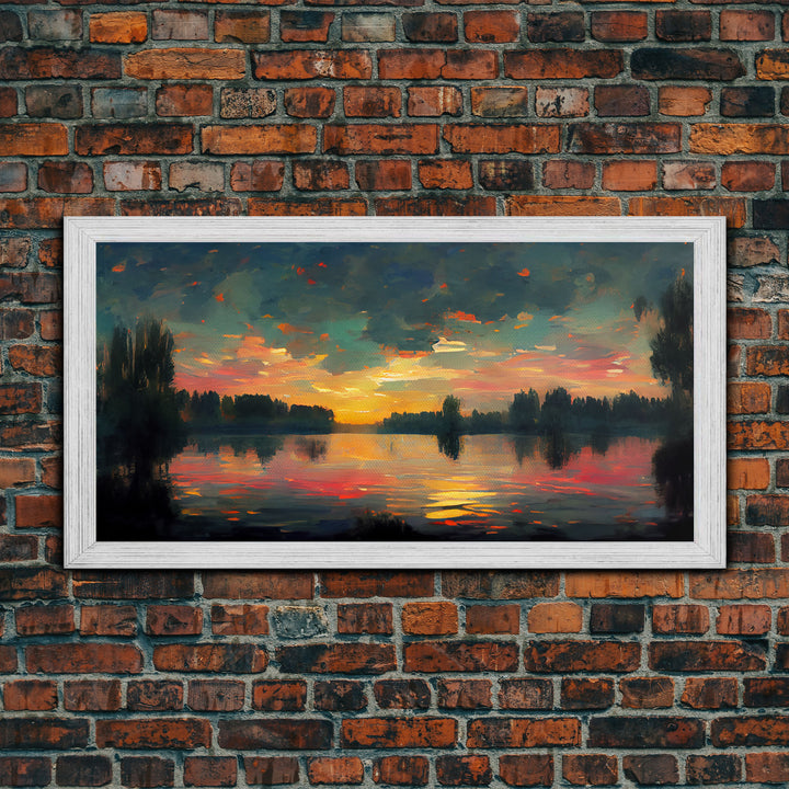 Lakehouse Canvas Print, watercolor painting of a sunset reflected on a lake