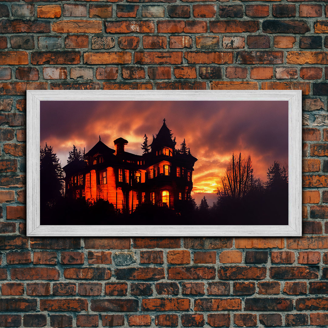 Spooky Halloween Wall Art, Haunted House Canvas Print, Ready to hang canvas, orange creepy house at night, Wall Decor