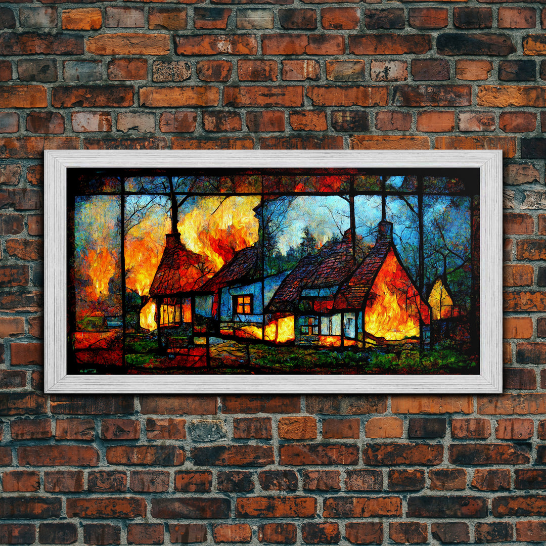 Stained Glass Cottage On Fire, Canvas print, negative art, house on fire depicted in stain glass, cool wall art