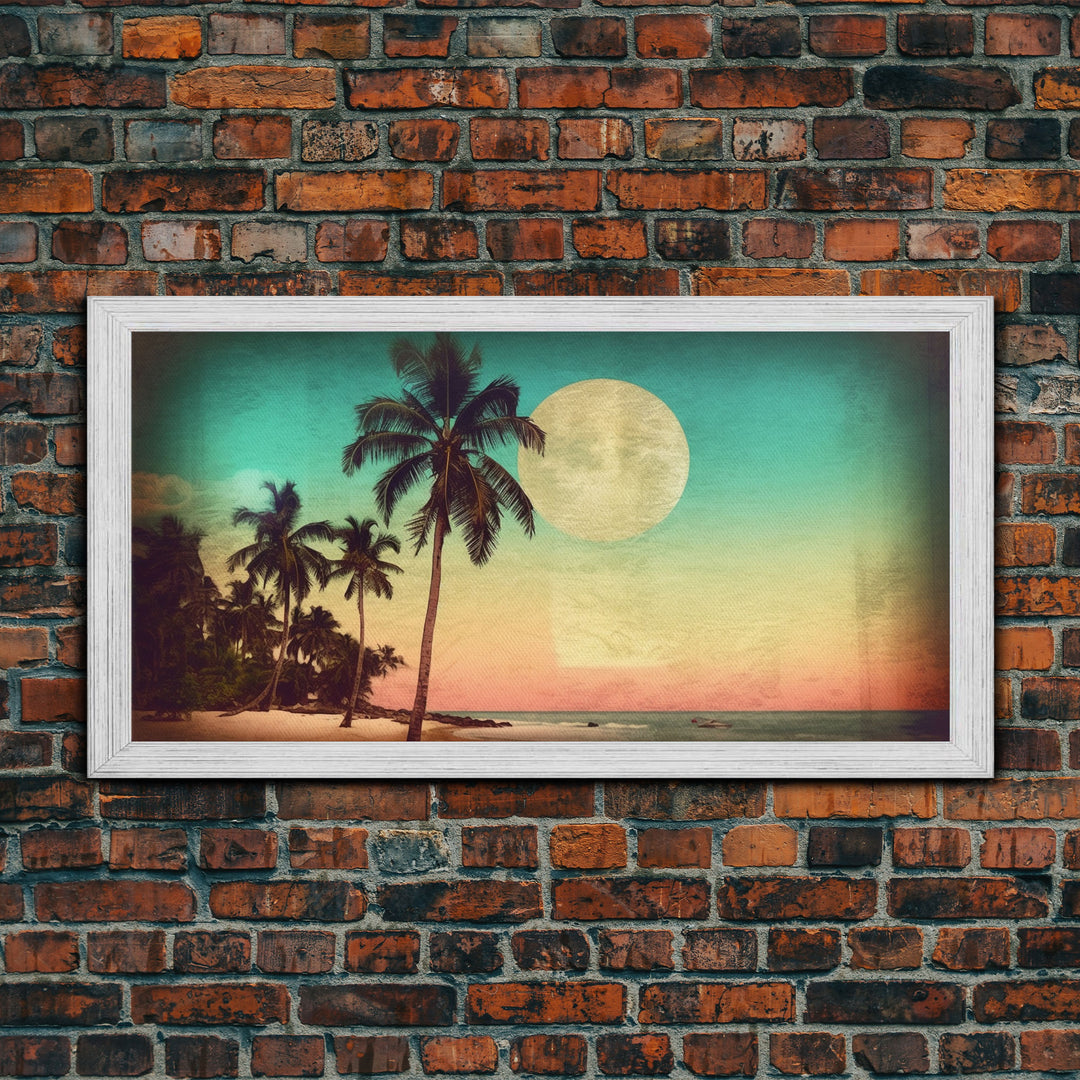 Sunset Over Beach Wall Decor, Tropical Wall Art, Palm Trees Art, Panoramic Wall Decor, Canvas Print, Wall Art, Framed Canvas Art