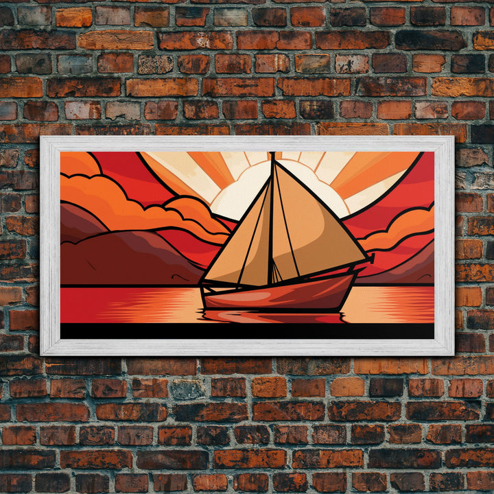 Abstract Seascape Wall Art, Stained Glass Wall Decor, Sailboat Wall Art, Panoramic Wall Decor, Canvas Print, Wall Art, Framed Canvas Art