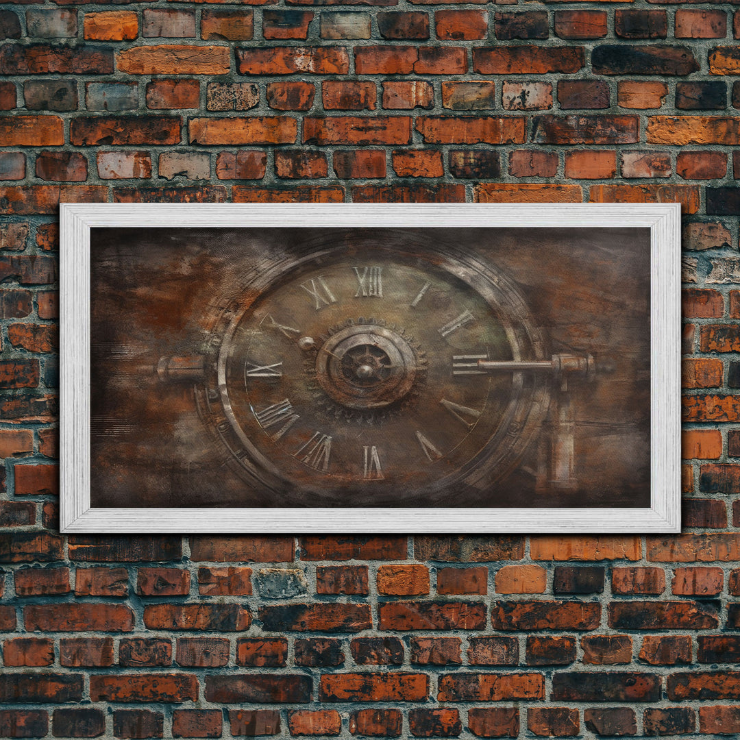 Clock Wall Decor, Steampunk Wall Art, Brown Grunge Wall Art, Panoramic Wall Decor, Canvas Print, Wall Art, Framed Canvas Art