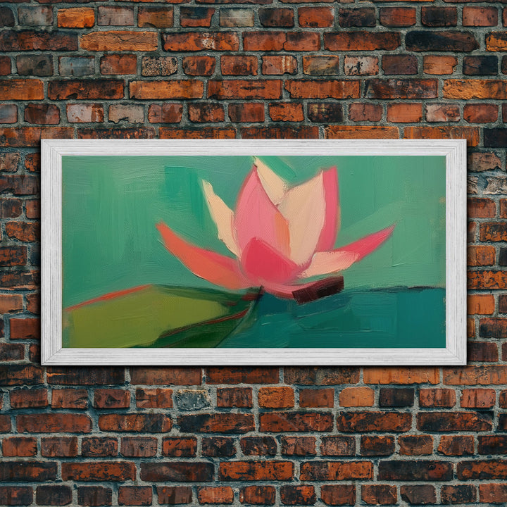 Pink Water Lily Wall Art, Pink Flower, Nature Wall Decor, Oil Painting, Panoramic Wall Decor, Canvas Print, Wall Art, Framed Canvas Art