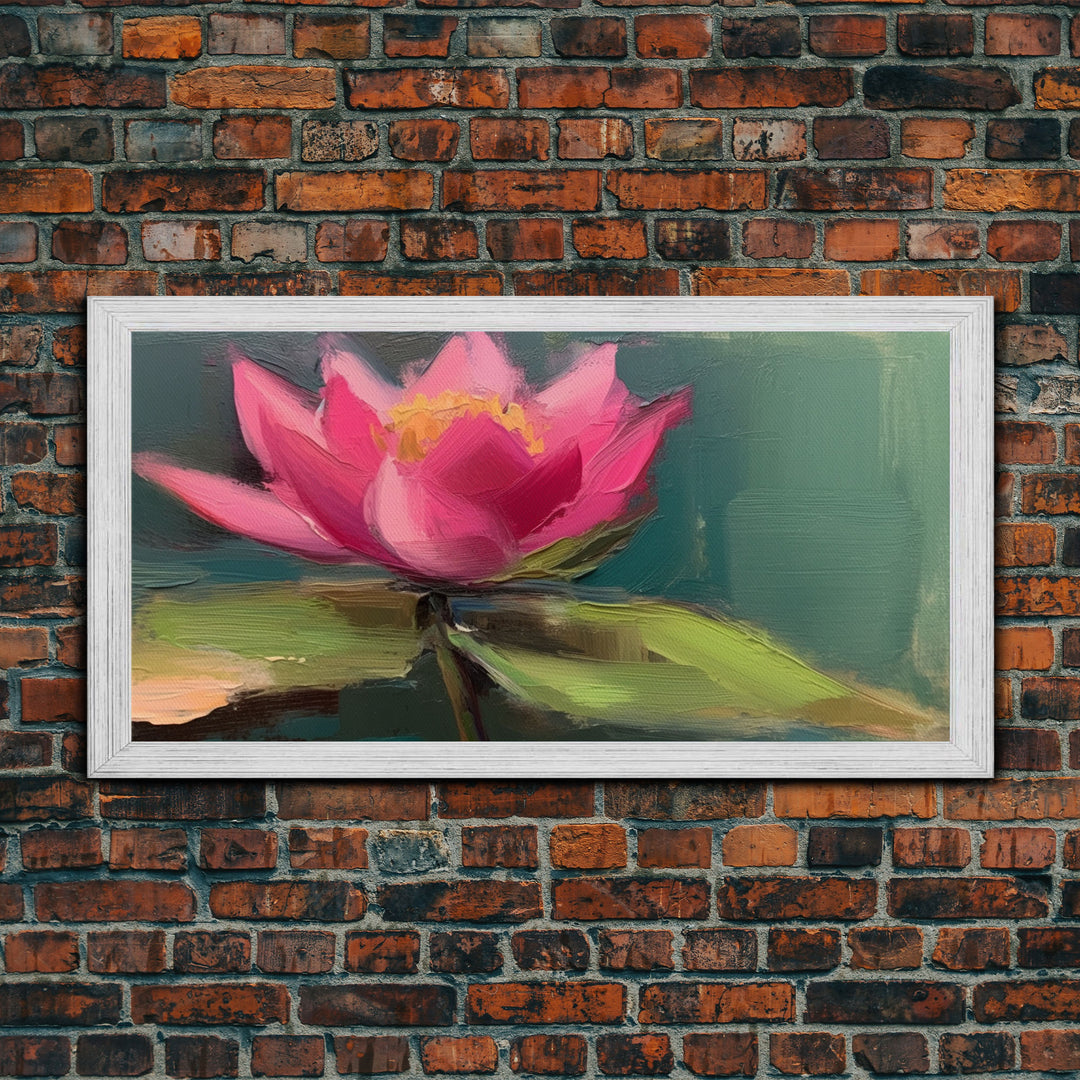 Pink Flower, Pink Water Lily Wall Art, Nature Wall Decor, Oil Painting, Panoramic Wall Decor, Canvas Print, Wall Art, Framed Canvas Art