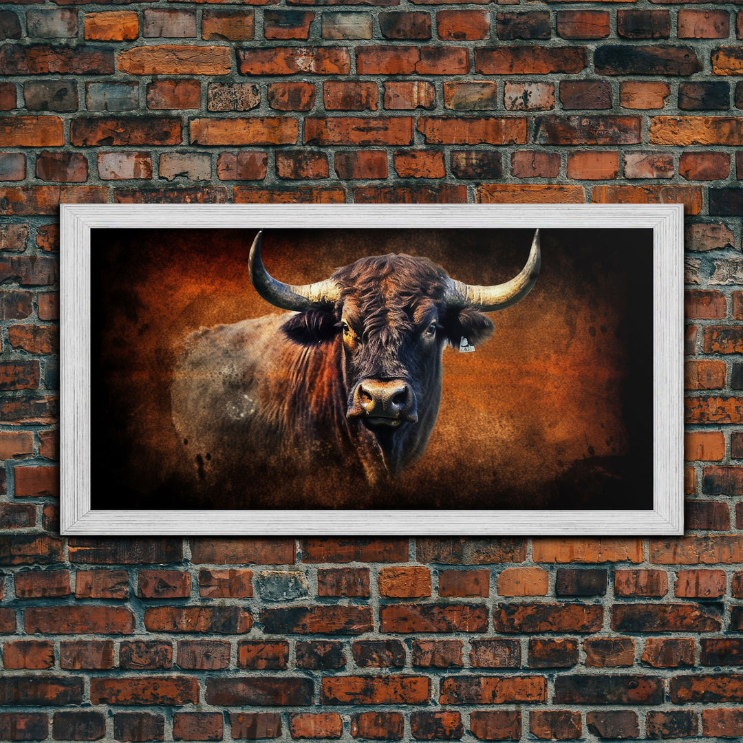 Bull Wall Decor, Animal Wall Art, Western Wall Art, Nature Wall Decor, Panoramic Wall Decor, Canvas Print, Wall Art, Framed Canvas Art