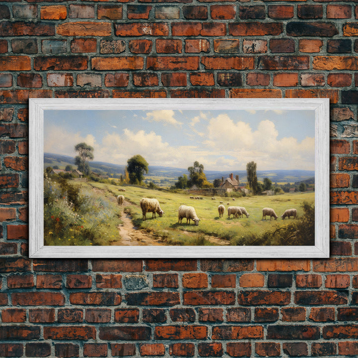 Countryside Painting, Sheep Wall Art, Farm Animals, Farm Art, Panoramic Art, Wall Art, Canvas Art, Landscape Art, Farmhouse Wall Art