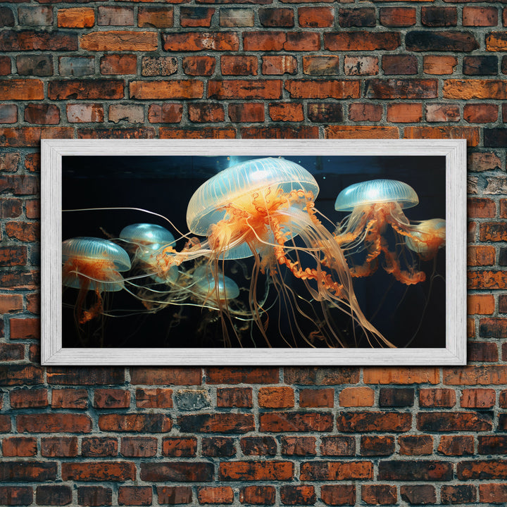 Jelly Fish  Art, Ocean Wall Art, Orange Jelly Fish, Panoramic Art, Wall Art, Canvas Art, Landscape Art, Gift For Boss, Teen Boy Room Decor