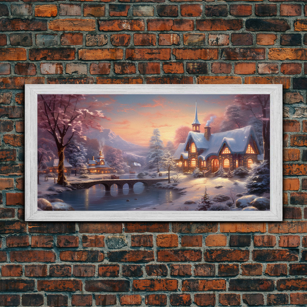 Winter Art, Framed Canvas Print, Cute Whimsical Victorian Village In Winter Painting, Home Decor, Contemporary Modern Art