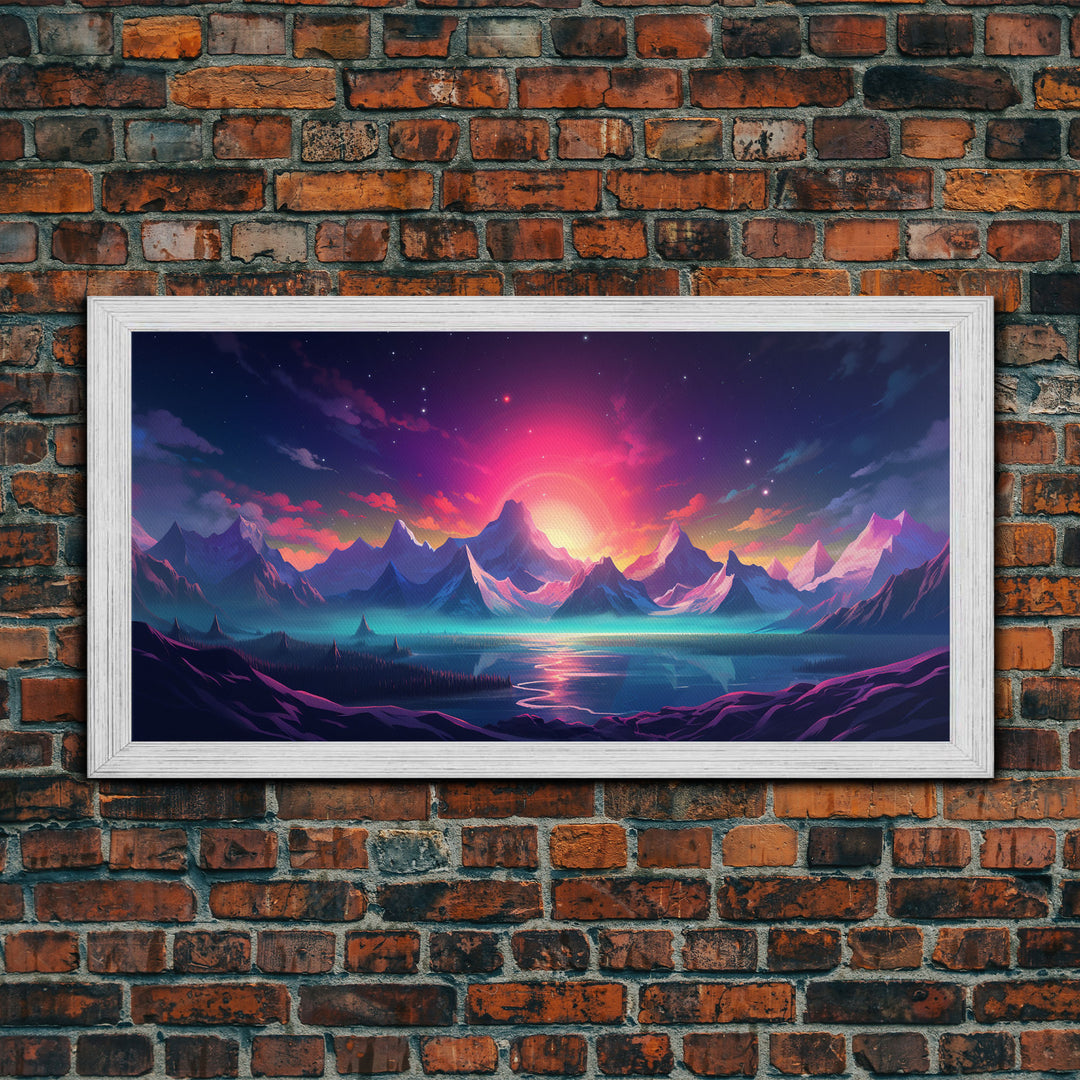 Synthwave Art, Framed Canvas Print, Beautiful Scifi Mountains Wall Art, Alien Planet, Game Room Decor, Gamer Gift For Him