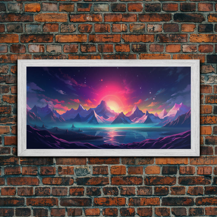 Synthwave Art, Framed Canvas Print, Beautiful Scifi Mountains Wall Art, Alien Planet, Game Room Decor, Gamer Gift For Him