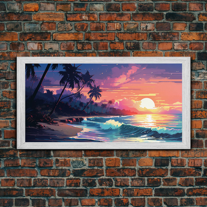 Outrun Vibes, Sunset Over The City and Beach, Palm Tree Decor, Game Room Art, Aesthetic Posters, Retro Art, 80s Vibes, 80s Art