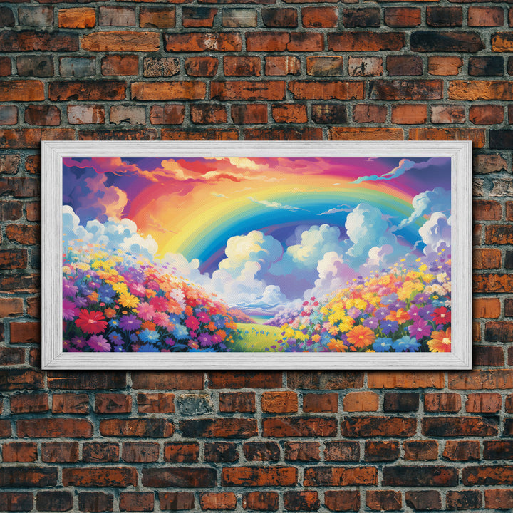 Rainbow Wall Decor, Spring Meadow Print, Wildflower Meadow, Panoramic Art, Wall Art, Canvas Art, Landscape Art, Nursery Wall Art, Kids Art