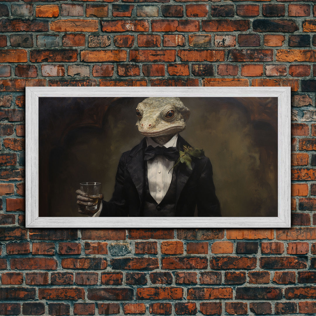 Victorian Gecko Business Man, Witch's Familiar Art, Halloween Decor, Framed Canvas Print, Halloween Wall Art, Victorian Gothic Art