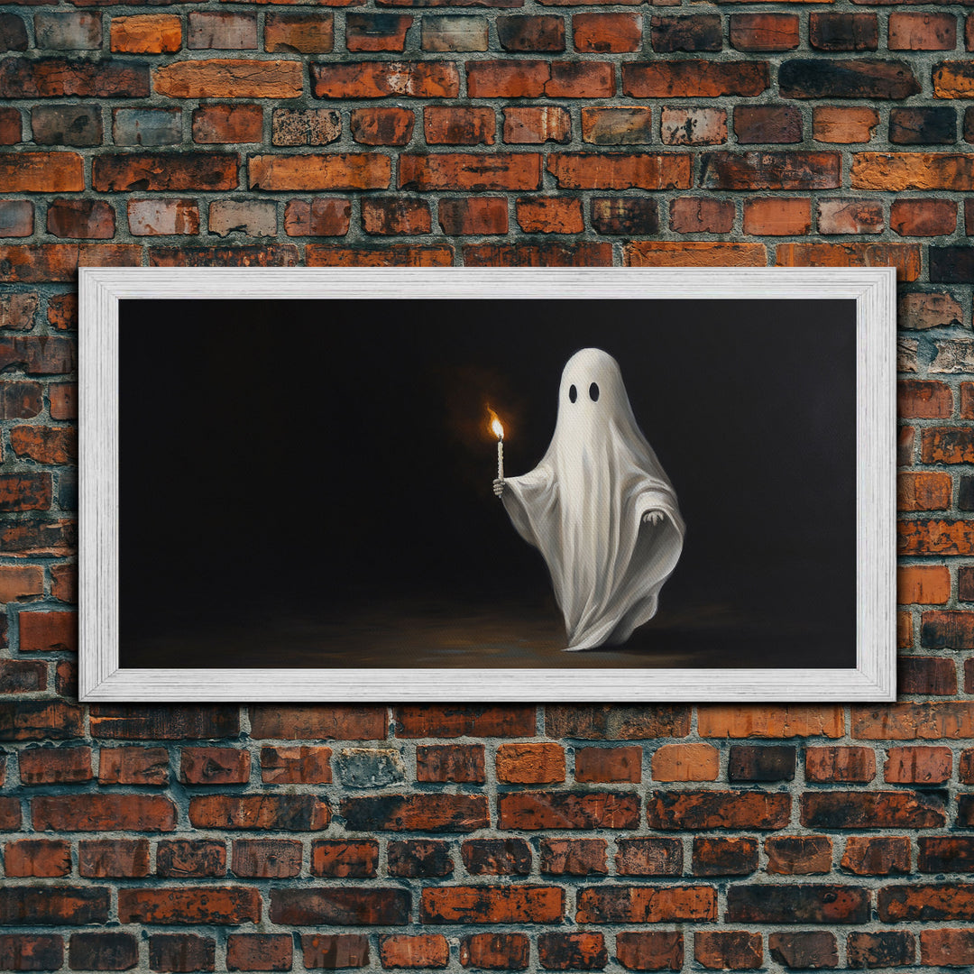 The Ghost With The Candle, Framed Canvas Print, Dark Academia Wall Art, Victorian Oil Painting Style Halloween Wall Art, Ghost Print