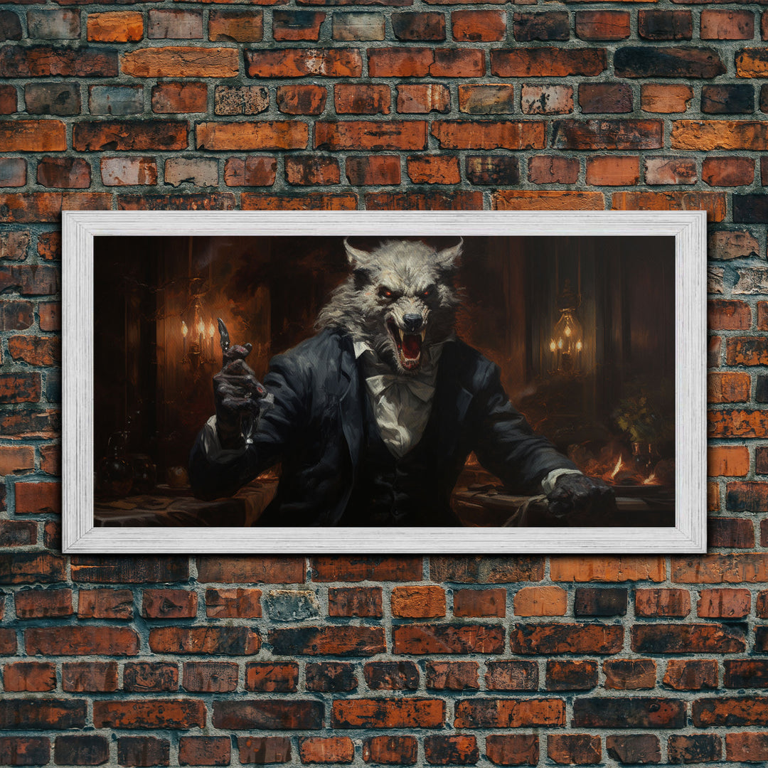 The Victorian Gentleman Werewolf, Halloween Art Print, Framed Canvas Art, Halloween Poster Print, Victorian Dark Academia Oil Painting