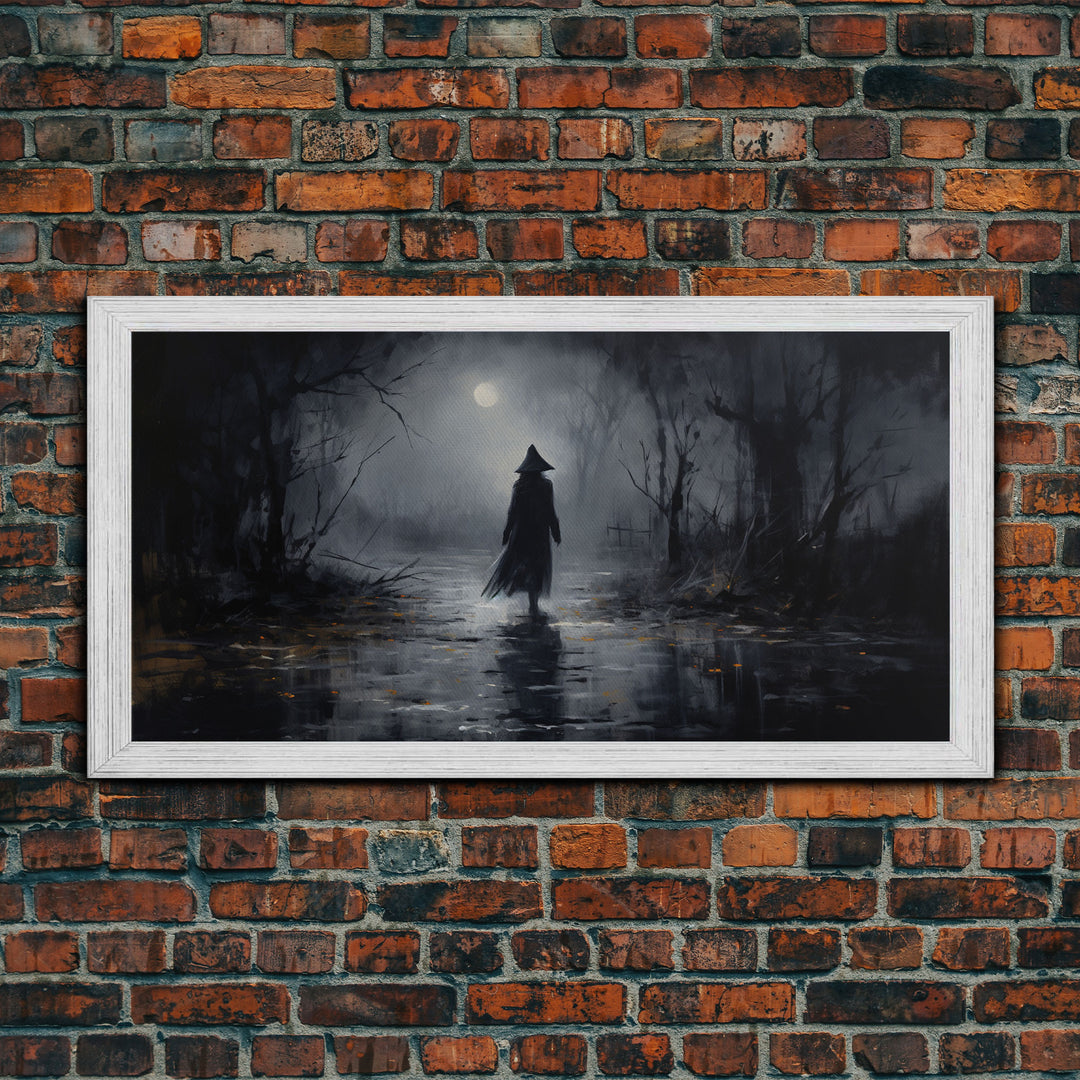 Witch Walking In The Rain Under A Full Moon, Witch Print, Framed Canvas or Poster, Victorian Oil Painting, Dark Academia, Witchcraft Decor